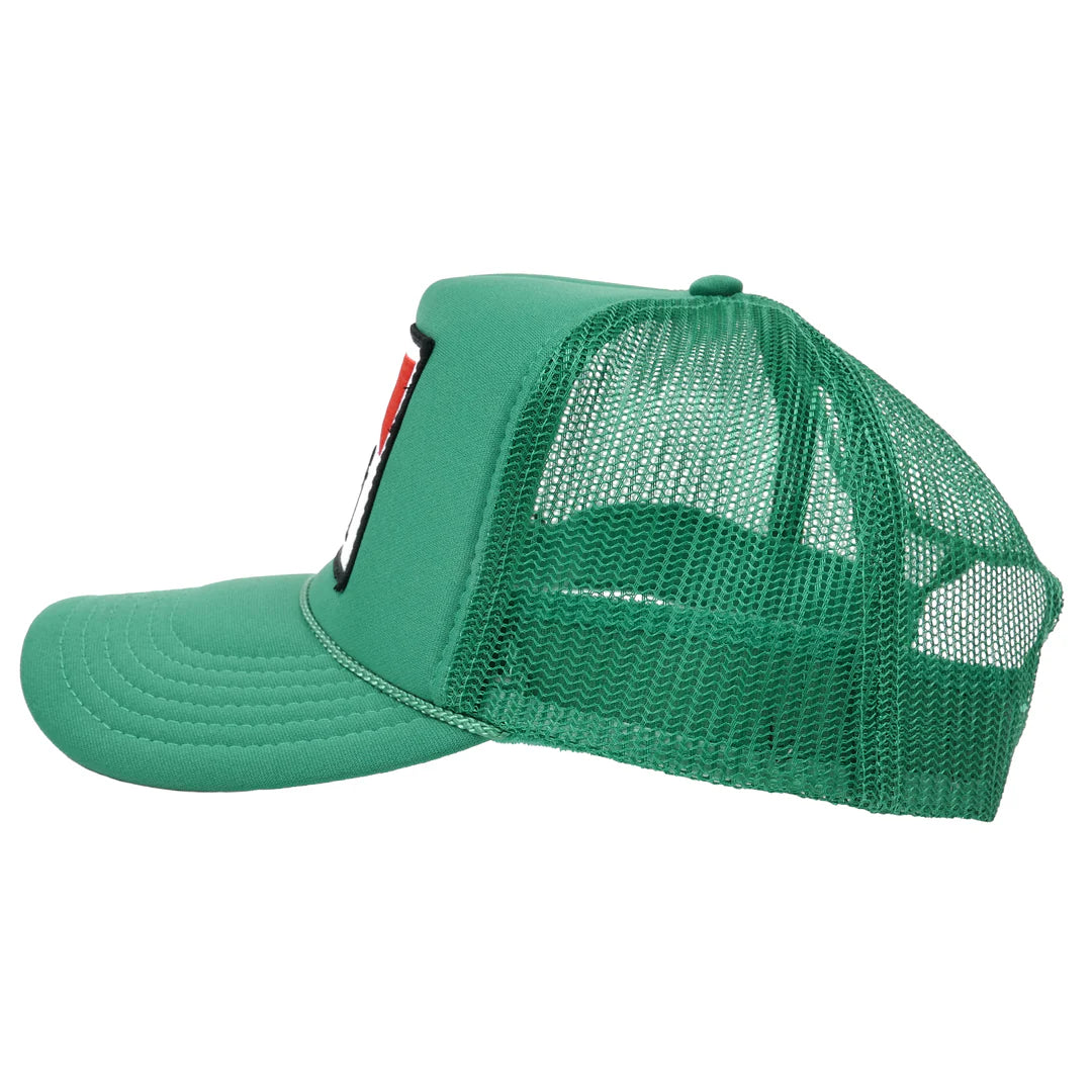 The SURF Trucker Hat by Hype Factory Inc. is shown from the side, featuring a solid front and bill, breathable mesh back and sides, plus an adjustable fit for comfort.