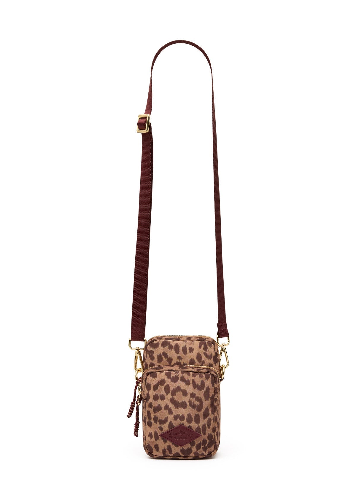 Leopard print crossbody bag with maroon strap by The Upside, made from recycled polyester with multiple pockets.