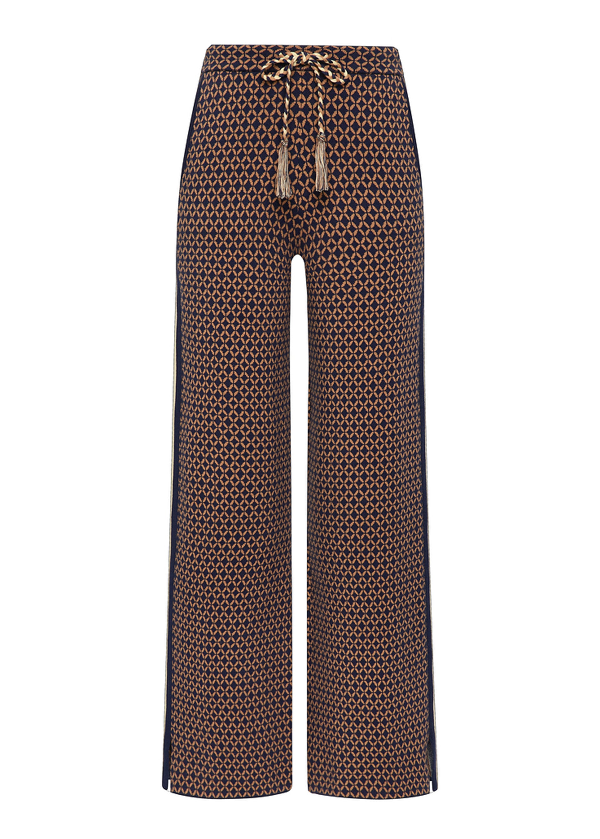 The Upside's CROSSROAD JUNIPER KNIT PANT is a wide-leg, high-waisted style in brown and black geometric knit, featuring a braided drawstring waist and side stripes.