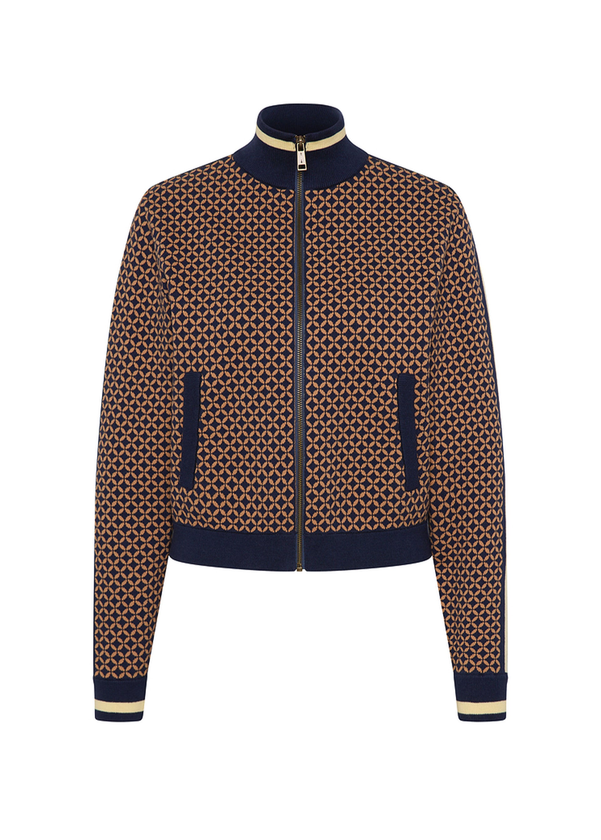 The Upside CROSSROAD MARGOT KNIT JACKET is a lightweight zip-up with a high collar, organic cotton blend, bold brown and navy geometric pattern, navy trims, and a gold front zipper.