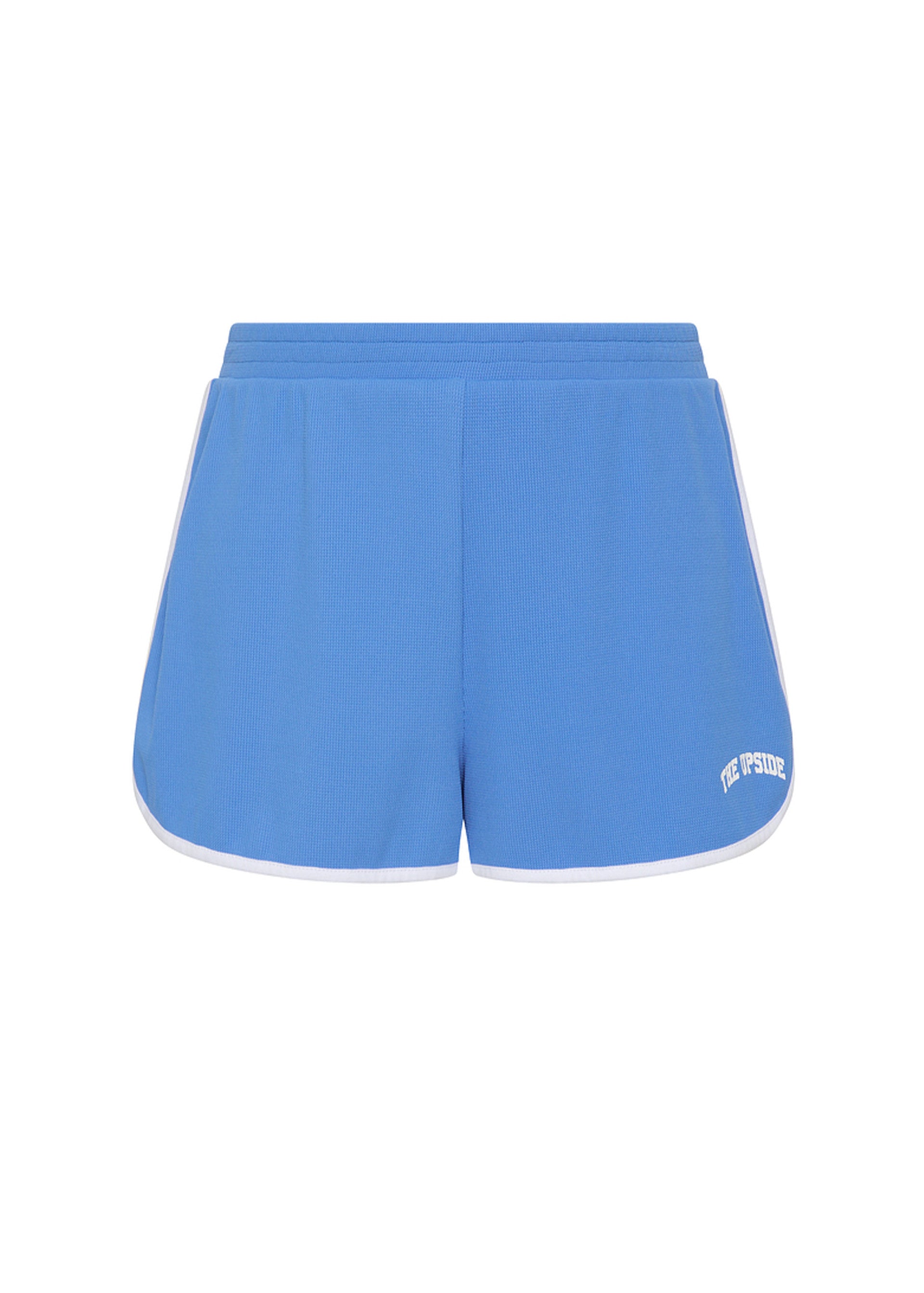 The Upside WRANGLER CALLIE SHORT: 70s-inspired bright azure blue athletic shorts with white trim and a small front left logo, displayed on a plain white background.