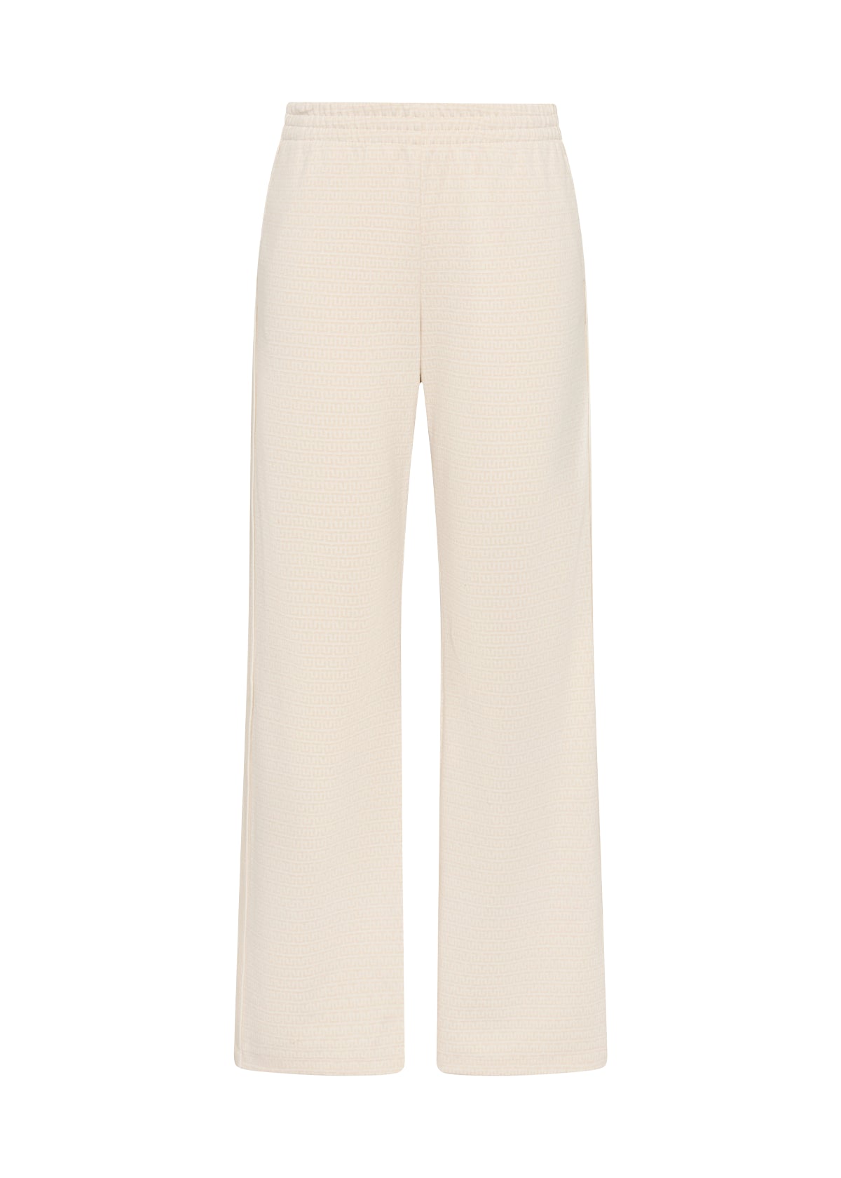 The Upside's NAVAR MARNIE WIDE LEG PANT features a beige, high-rise design with an elastic waistband and textured lightweight fabric—offering a relaxed fit ideal for comfortable, everyday wear.