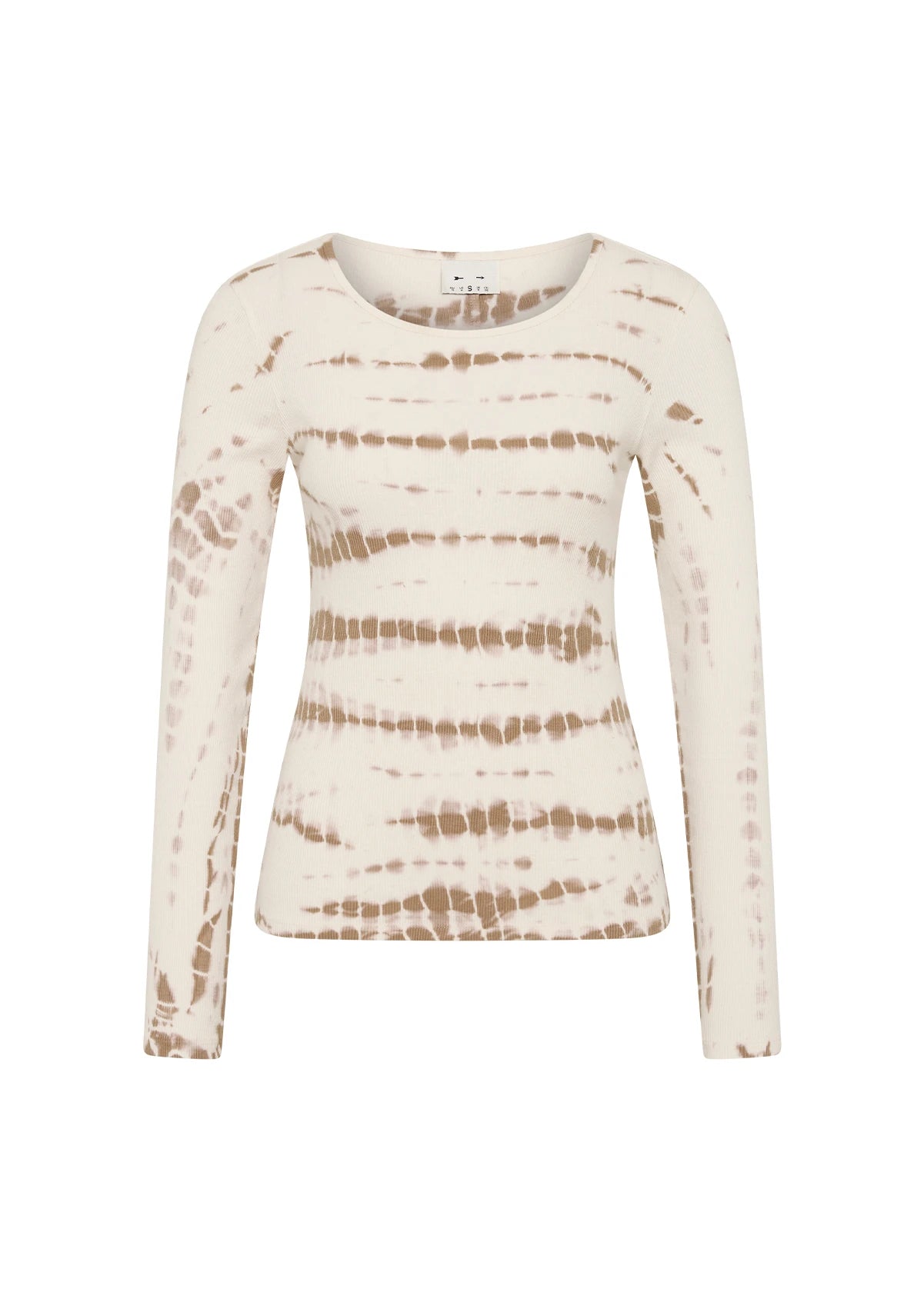 The Upside's AYLA CHRISSY LONG SLEEVE TOP is a women's slim fit, organic cotton shirt featuring long sleeves, a scoop neckline, and a cream base with light brown tie dye horizontal patterns.