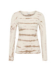 The Upside's AYLA CHRISSY LONG SLEEVE TOP is a women's slim fit, organic cotton shirt featuring long sleeves, a scoop neckline, and a cream base with light brown tie dye horizontal patterns.
