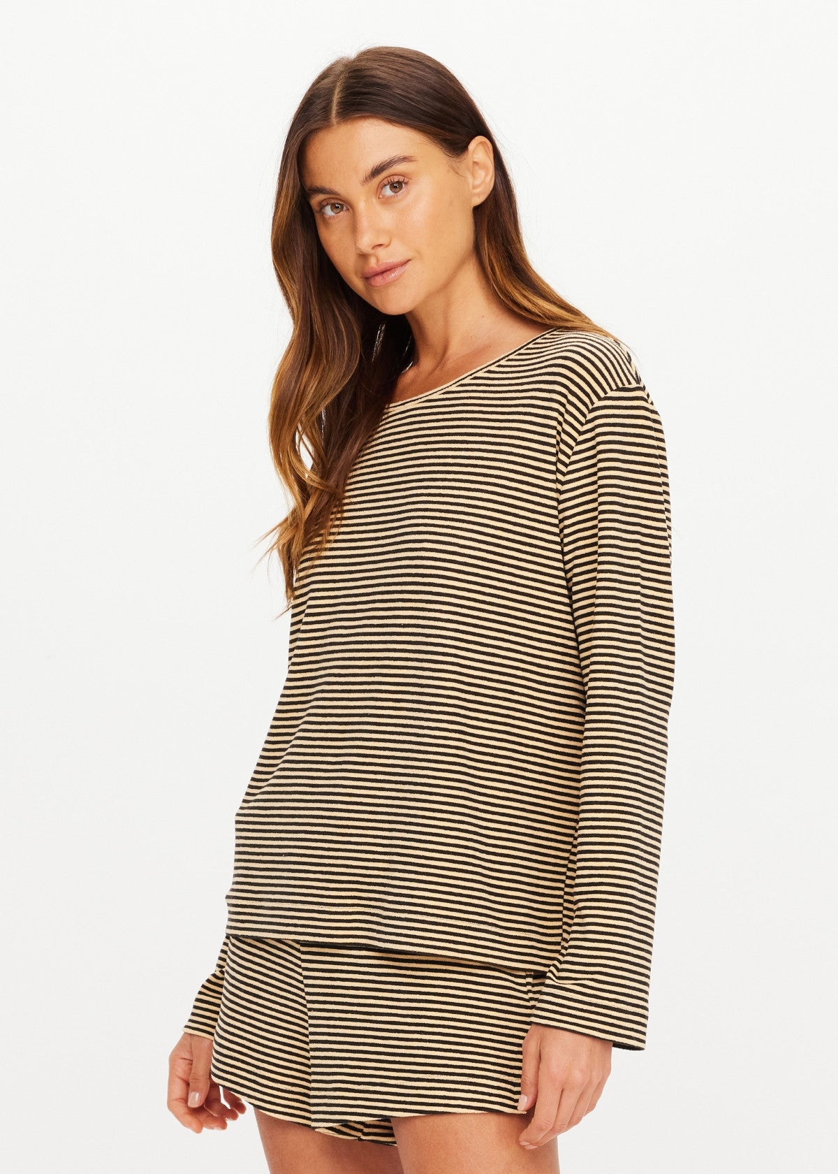 Cream and black striped long sleeve top with matching shorts by The Upside, Santos Rio collection.