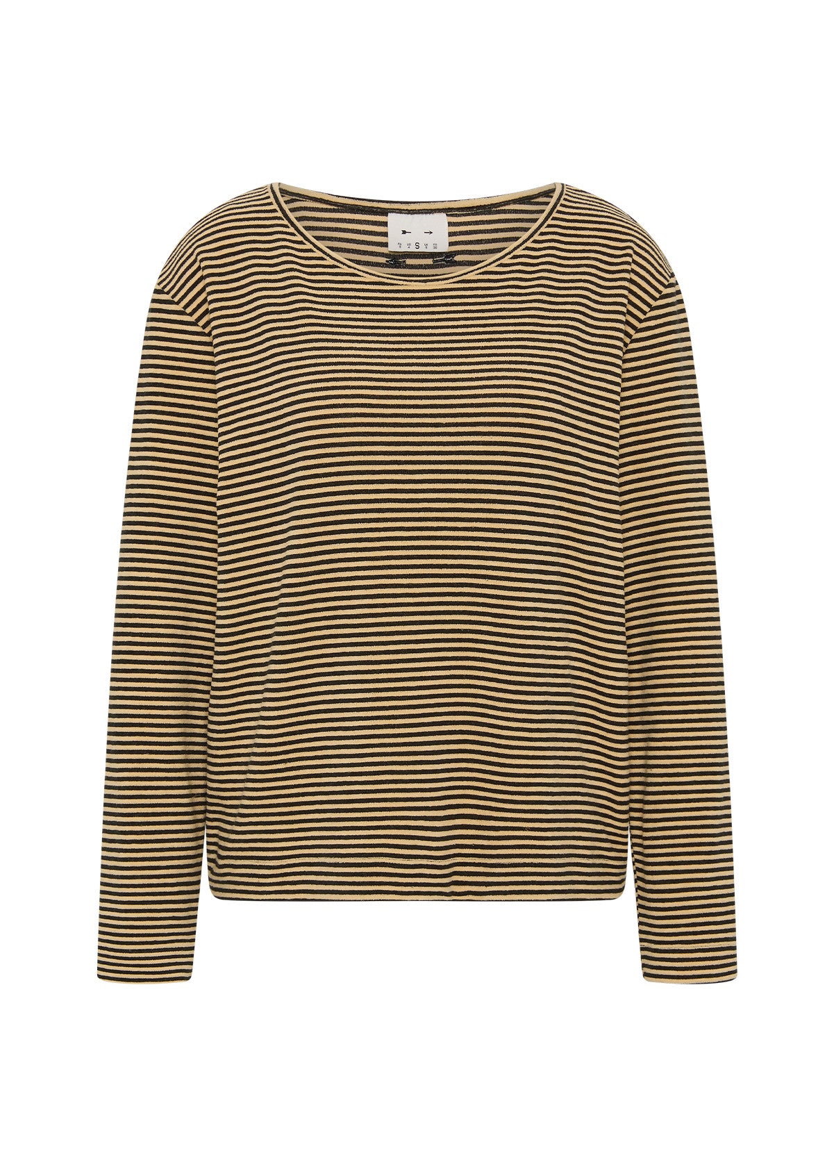 Cream and black striped long sleeve top with relaxed fit and round neck by The Upside, casual comfy style.