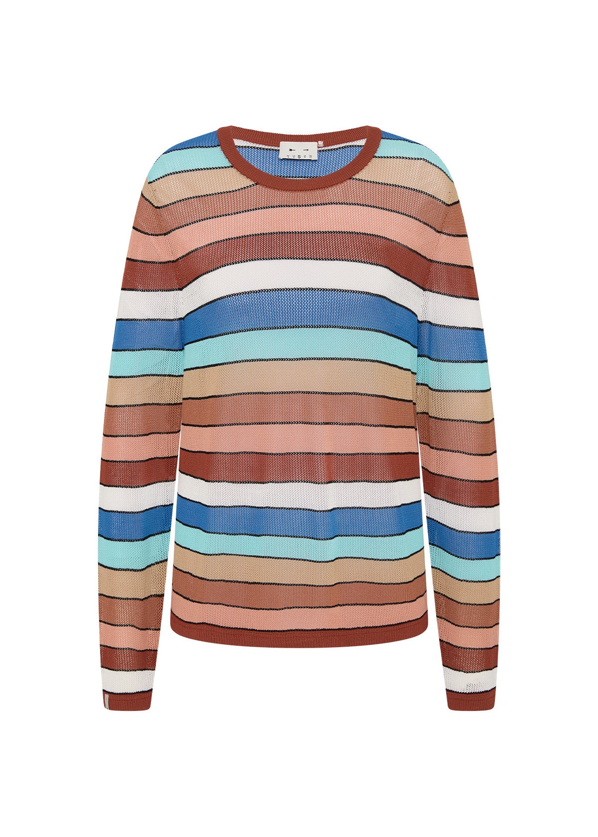 Long sleeve knit top with blue, white, rust, and beige stripes by The Upside, IZA MILLA collection.