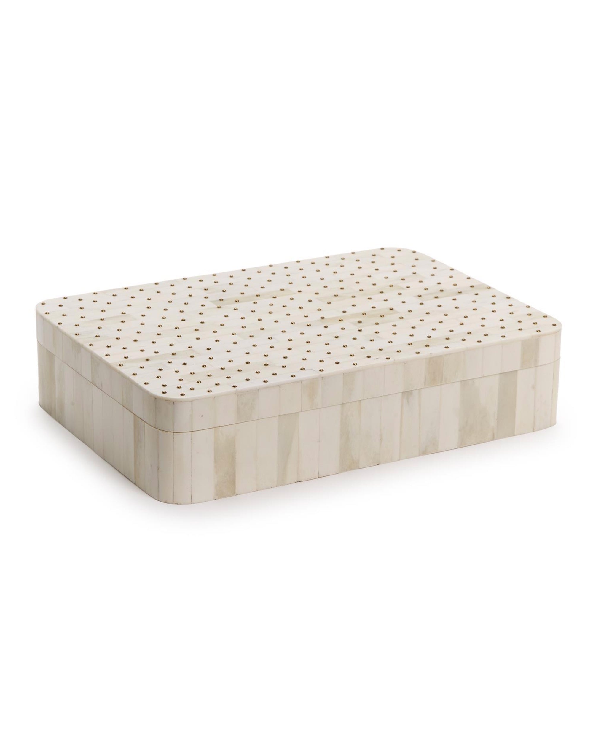 The UTL129 Studded Covered Box by Two's Company features a white tiled surface with small gold dots on the lid, rounded corners, and a modern look. Part of the Treviso collection, it offers both luxury and elegance.