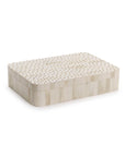 The UTL129 Studded Covered Box by Two's Company features a white tiled surface with small gold dots on the lid, rounded corners, and a modern look. Part of the Treviso collection, it offers both luxury and elegance.