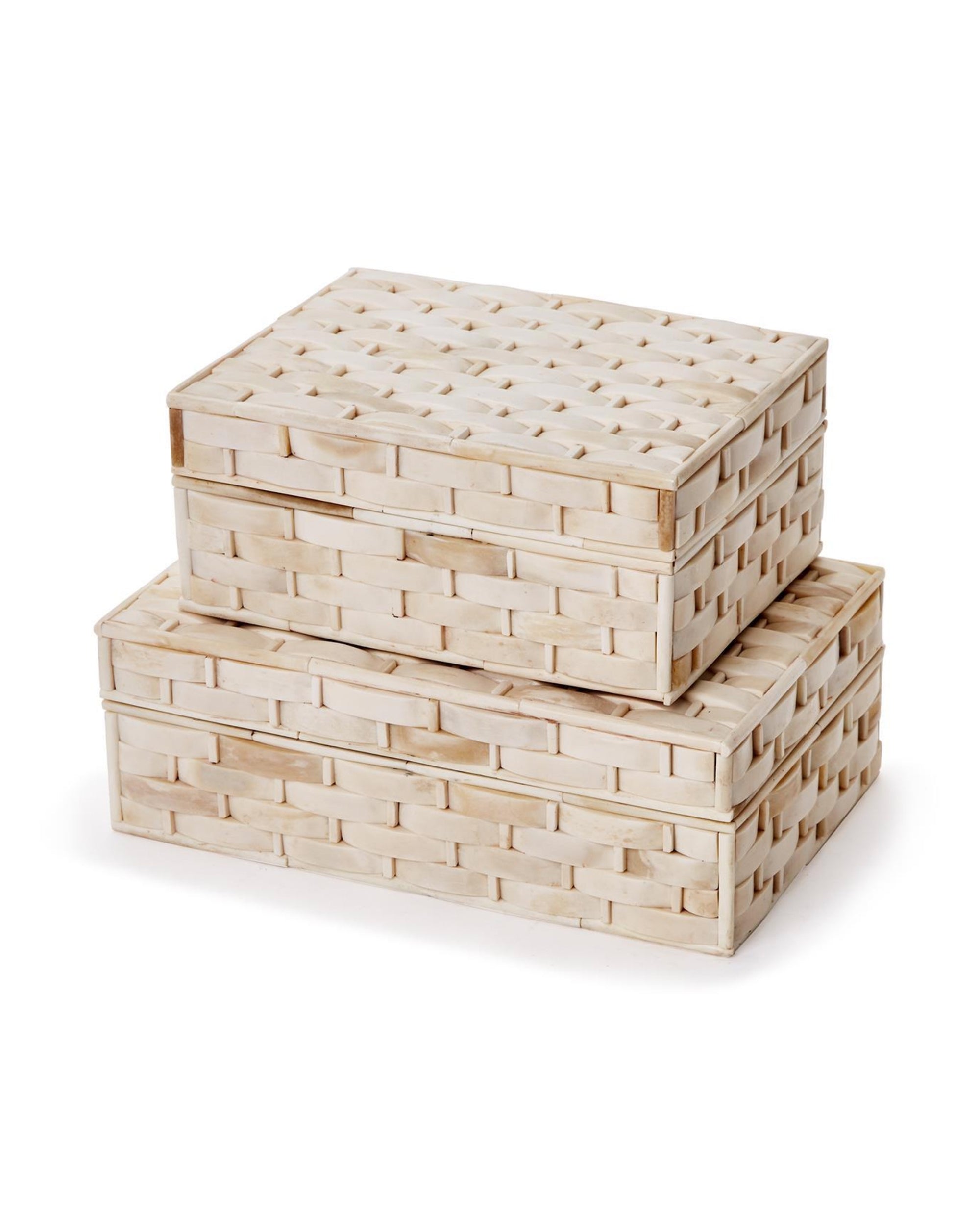 Two's Company UTL130 Basketweave Bone Boxes—two light-colored rectangular boxes with a basketweave design, stacked on each other, displayed against a white background.