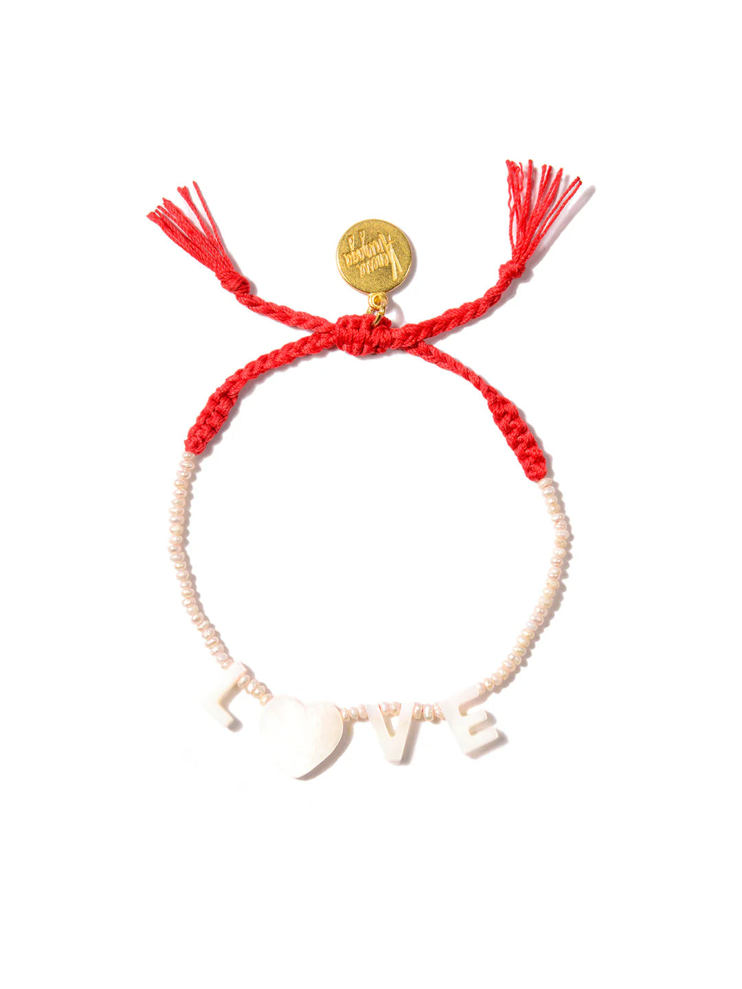 The Venessa Arizaga Bracelet 6" is an adjustable charm piece featuring a red braided string, small white beads, "LOVE" spelled with a heart as the "O," and a round gold charm near the closure.