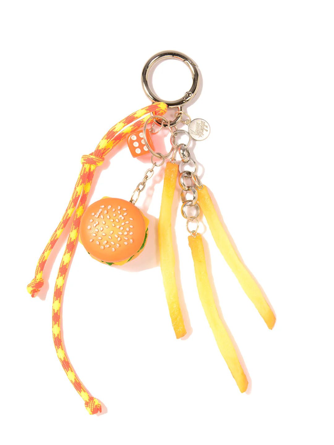 The Venessa Arizaga Bag Key Leash features playful food charms—a hamburger, silver coin, pink dice, and three french fries—on a yellow and red cord, all attached to a metal keyring.