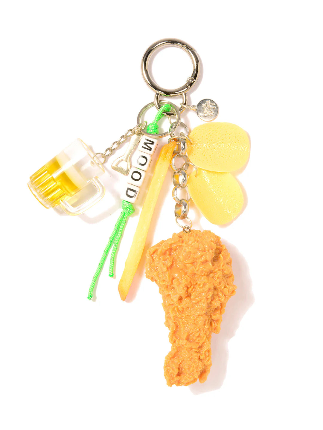 The Venessa Arizaga Bag Key Leash features playful food charms—beer mug, lemon wedge, French fry, “MOOD” letter beads, and a fried chicken drumstick—all dangling from a silver keyring for a fun accessory.