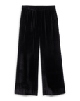 The Tuscany Getaway Maisie Pant by Frank & Eileen features loose-fitting, wide-leg black Italian Washed Velvet with an elastic waistband, shown flat on a white background.