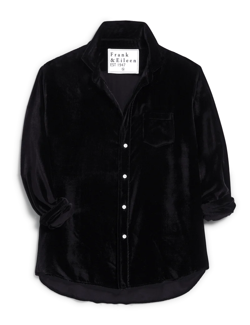 The Tuscany Getaway Eileen by Frank & Eileen is a black Italian Washed Velvet relaxed fit shirt with rolled sleeves, a collar, and a chest pocket. "Frank & Eileen EST 1947" label inside. Shirt laid flat on a white background.