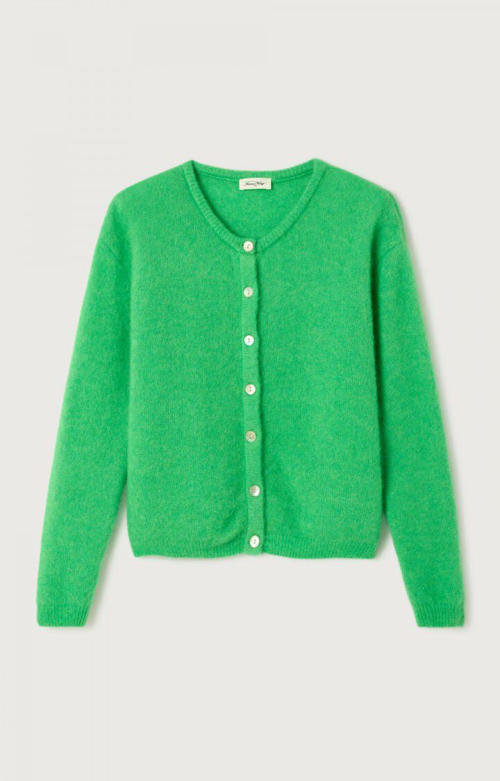 The Vitow Cardigan by American Vintage is a bright green knit with a round neckline and white front buttons, shown on a plain white background.