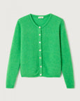 The Vitow Cardigan by American Vintage is a bright green knit with a round neckline and white front buttons, shown on a plain white background.
