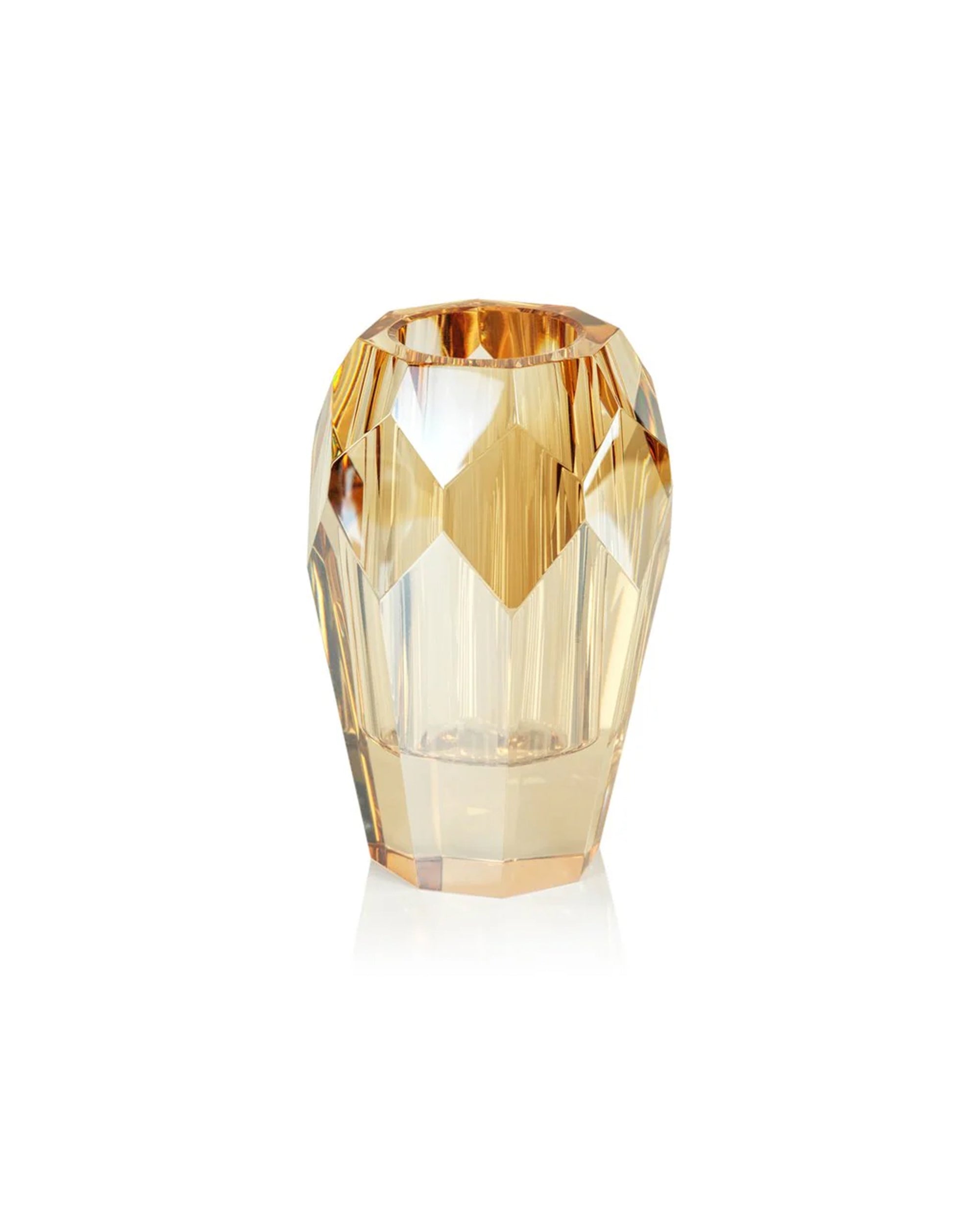 The Zodax CH-5985 Veniza Cut Crystal Vase features faceted amber-colored glass and a geometric design, measuring 3" x 5", displayed against a plain white background.