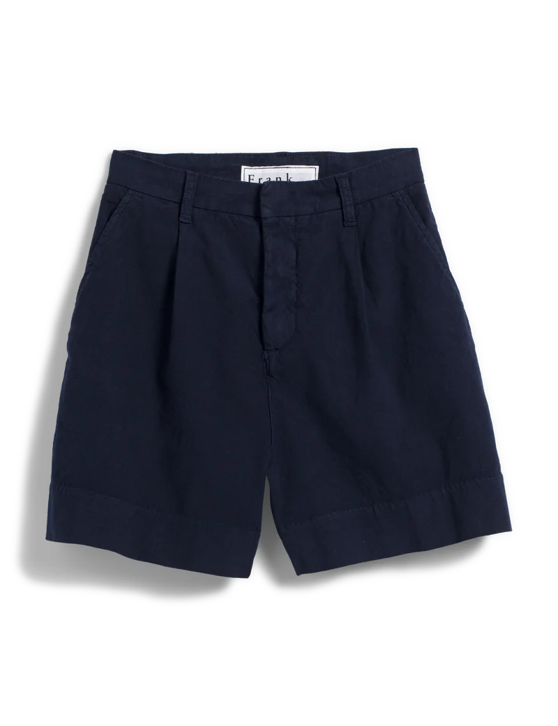 The Waterford Short by Frank & Eileen, featuring a flattering wide-leg fit, front pockets, and belt loops in navy blue, is displayed against a plain background.