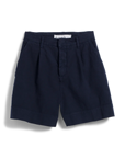 The Waterford Short by Frank & Eileen, featuring a flattering wide-leg fit, front pockets, and belt loops in navy blue, is displayed against a plain background.