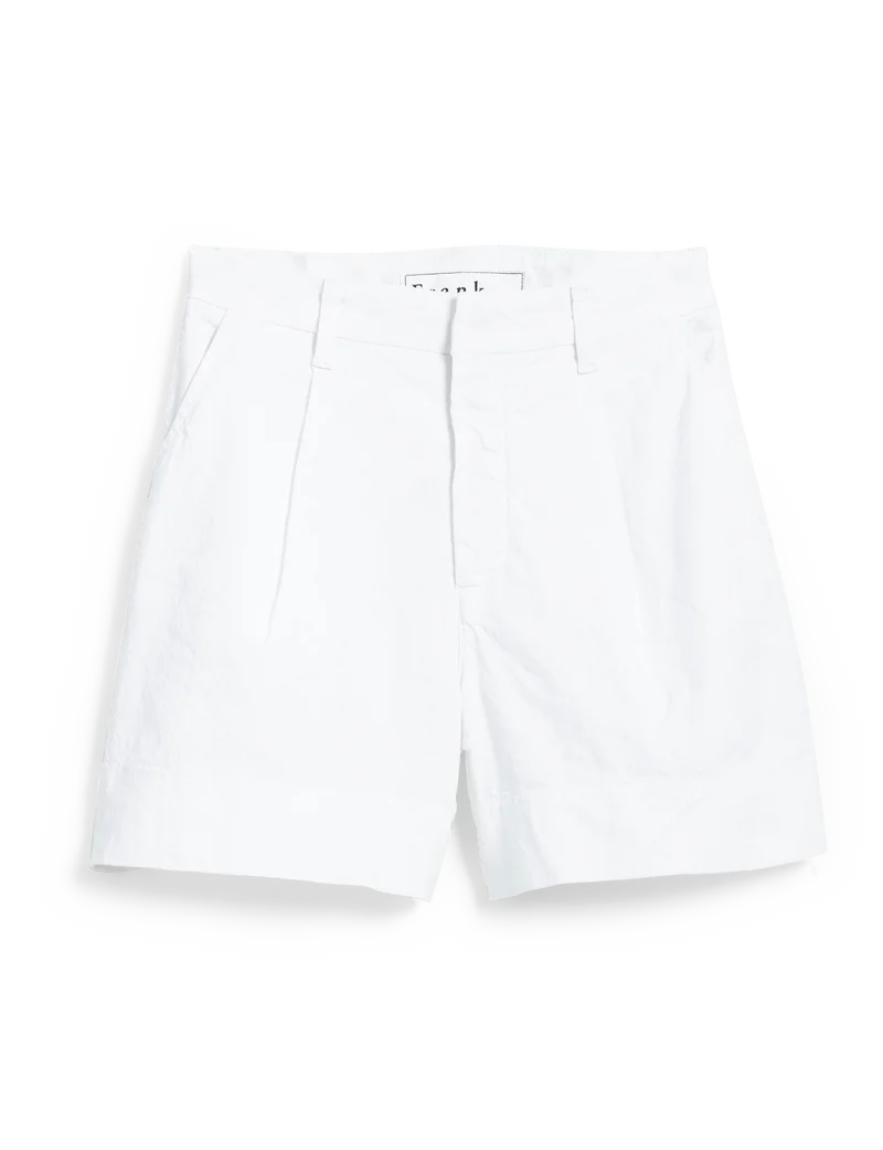 Introducing the Waterford Short by Frank &amp; Eileen, these white tailored-fit shorts provide a refined look. Made from Italian Performance Linen, they feature belt loops, a concealed zipper fly, and the &quot;nanushka&quot; label inside the waistband for premium quality.