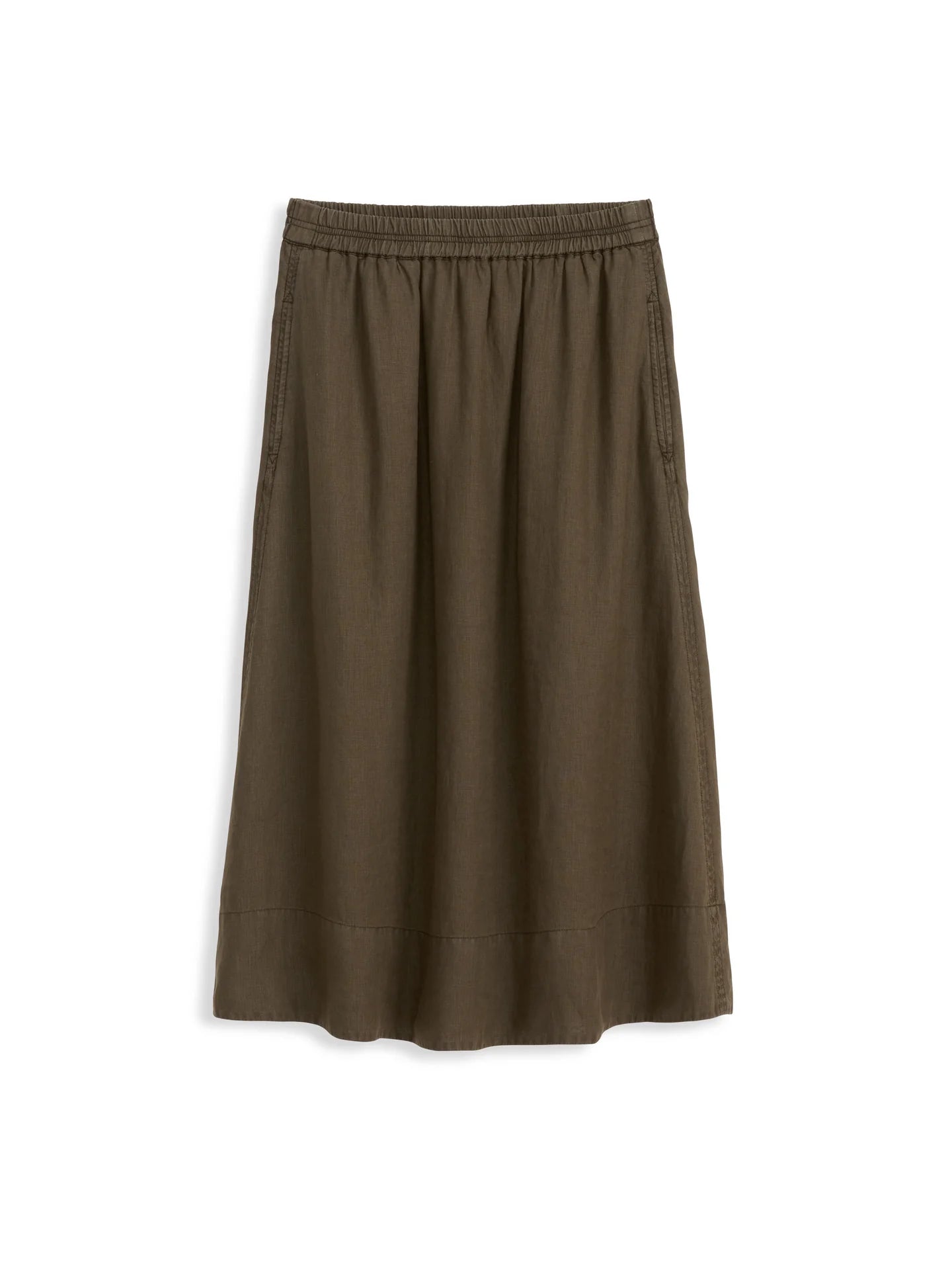 The Maddie Skirt Linen by Alex Mill is an olive green, knee-length linen skirt with an elastic waistband and garment-dyed finish. It features two iPhone-sized pockets and is displayed against a white background.