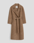 A full-length, brown vintage overcoat crafted from wool, known as the Georgia Wrap Coat, features a wide collar and a matching belt cinched at the waist. Its tailored design includes long sleeves, displayed elegantly against a plain white background. The label inside reads "Alex Mill.