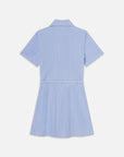 Back view of The Striped Safari Dress by FRAME, a short-sleeved cotton poplin piece in light blue with white pinstripes, collar, fitted waist with belt loops, and flared skirt—ideal for summer. Shown on a white background.