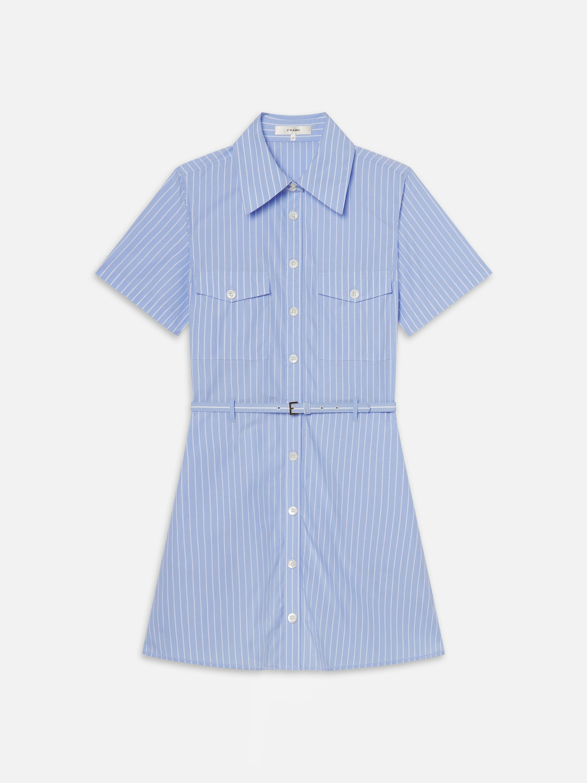 The Striped Safari Dress by FRAME is crafted from crisp cotton poplin with white vertical stripes, front buttons, two chest flap pockets, and a matching thin waist belt—ideal as a breezy summer dress.