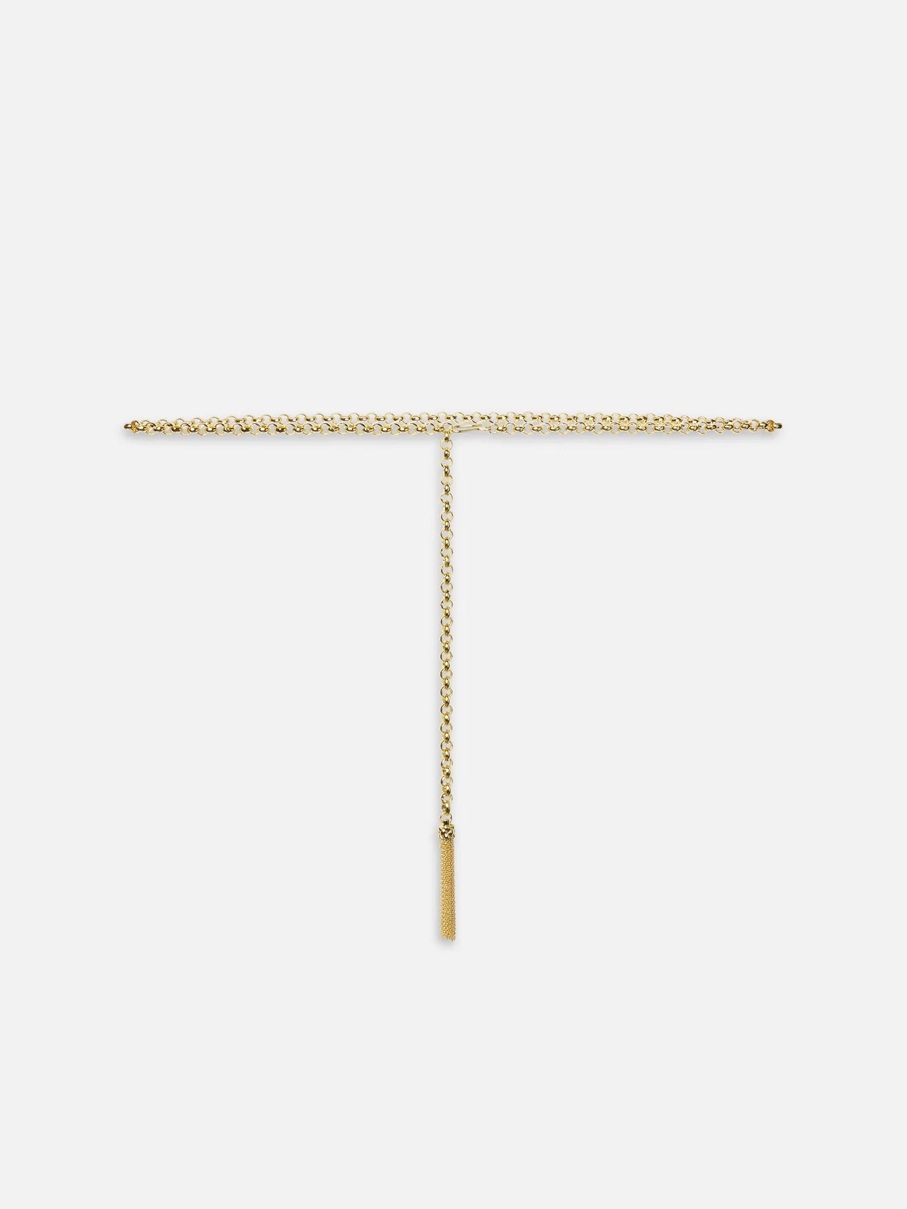 The Sebastian Belt Gold by FRAME is a gold chain belt necklace displayed in a T-shape on a white background, featuring one end hanging vertically and finished with a small rectangular tag.
