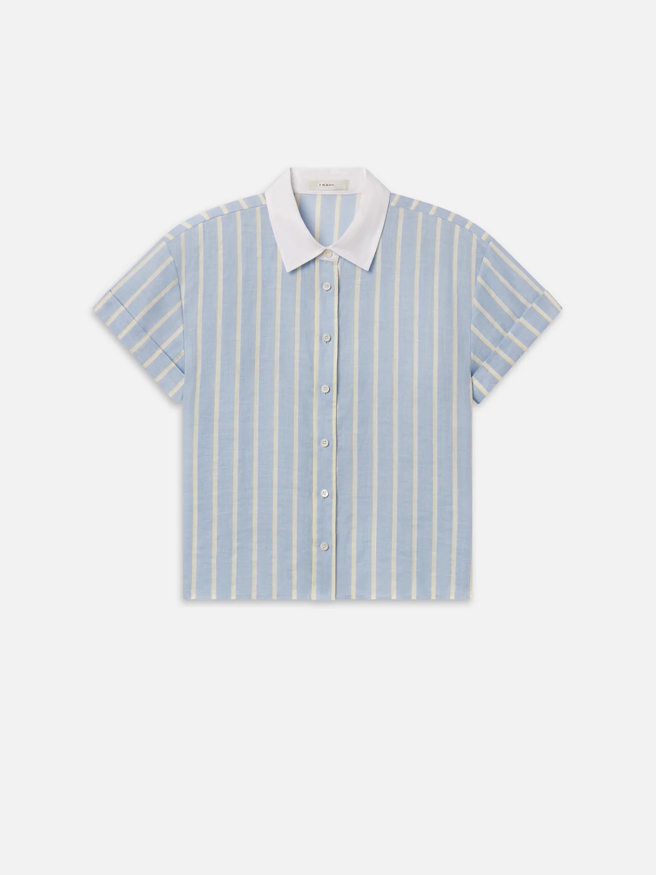 The Boardwalk Shirt by FRAME is a relaxed fit, short-sleeved shirt featuring light blue and white vertical stripes with a contrasting solid white collar, shown on a plain background.