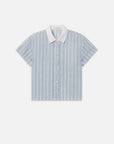 The Boardwalk Shirt by FRAME is a relaxed fit, short-sleeved shirt featuring light blue and white vertical stripes with a contrasting solid white collar, shown on a plain background.