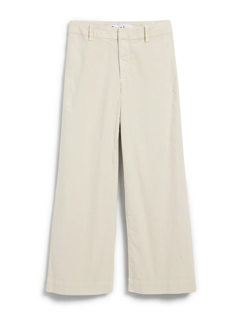 Frank & Eileen's Wexford The Trouser, crafted from Italian Performance Linen in beige, showcases a high-rise fit and button closure, elegantly displayed against a plain background.