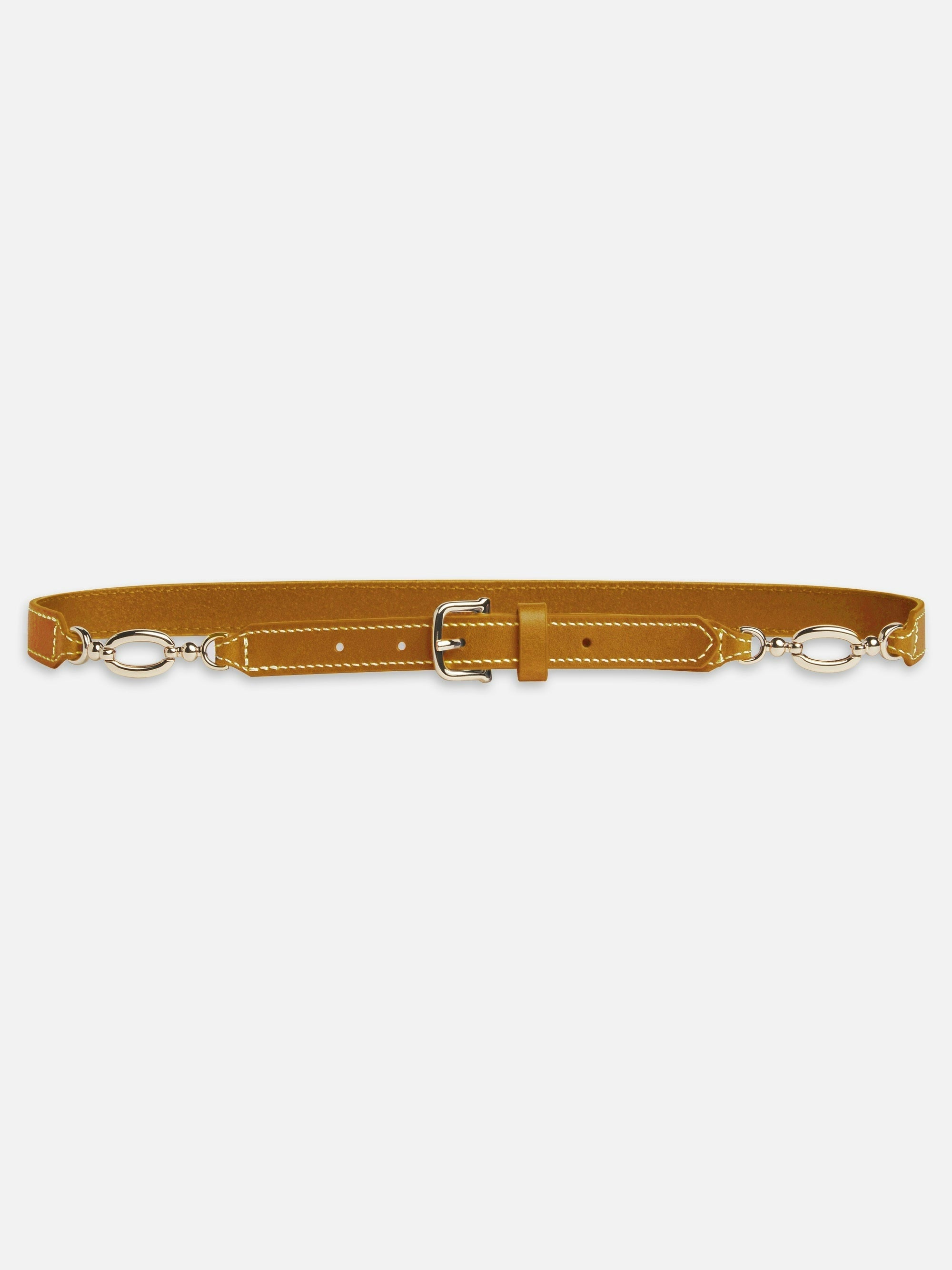 The Jewelry Detail Belt by FRAME features tan leather, white stitching, a silver buckle, gold chain accents, and dual silver clasp hooks on each end, shown against a plain white background.