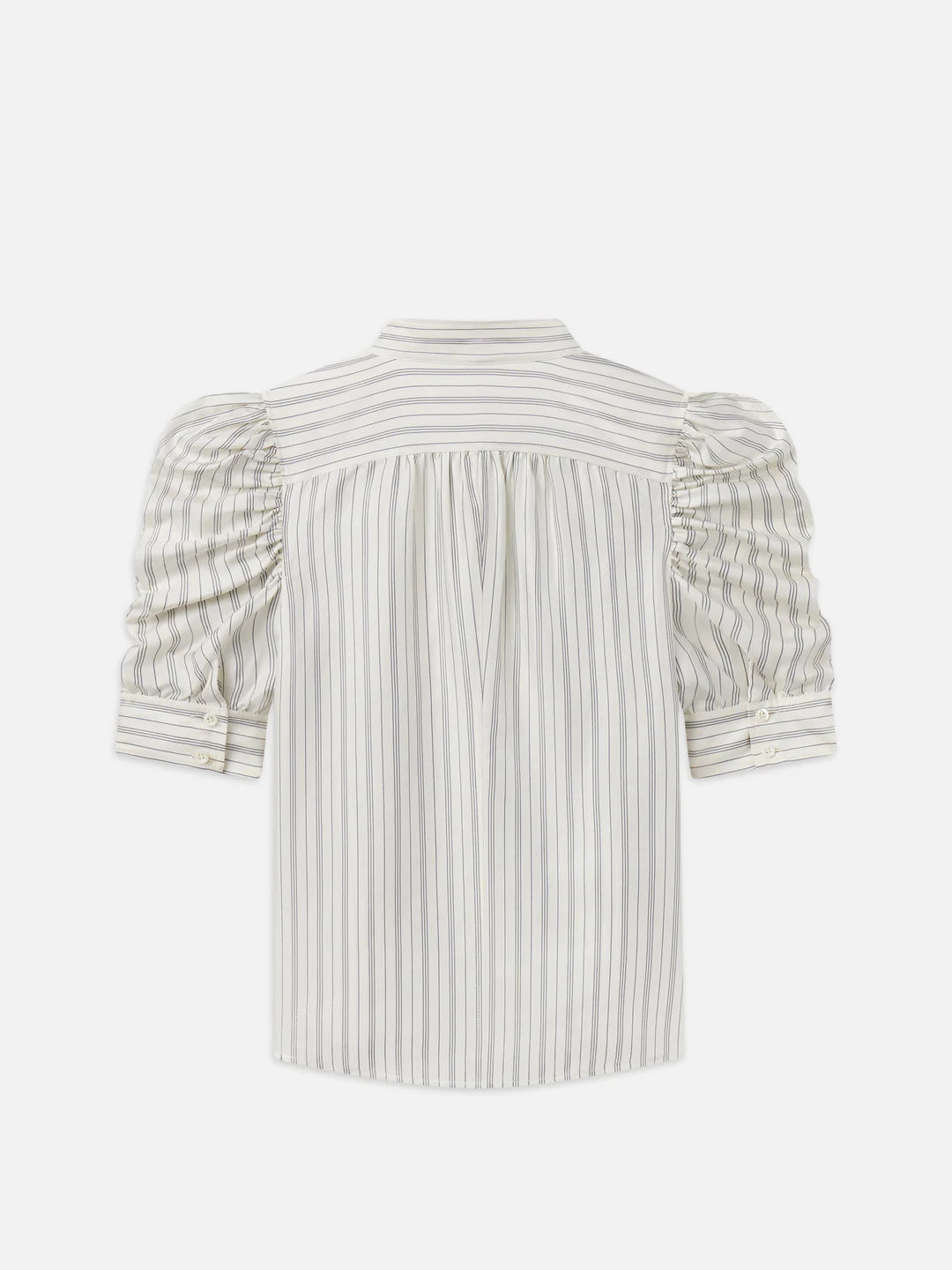 The Gillian Top by FRAME is a short-sleeved blouse featuring vertical stripes and puff sleeves, crafted from soft cotton. It boasts a gathered back detail and buttoned cuffs, elegantly displayed against a plain white background.