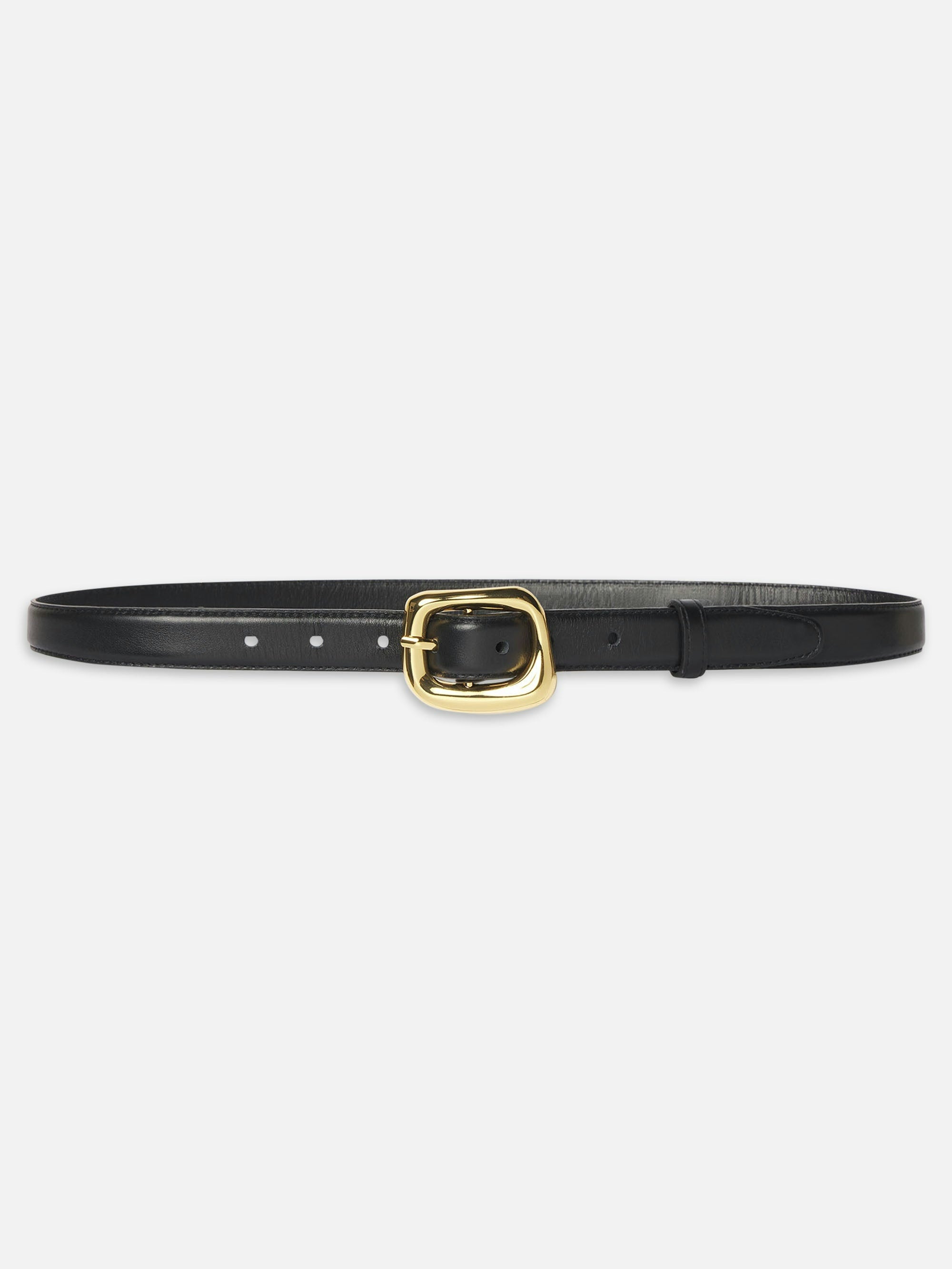 The FRAME Organic Buckle Belt is a modern black leather belt with a shiny rectangular gold buckle, shown flat on a white background.