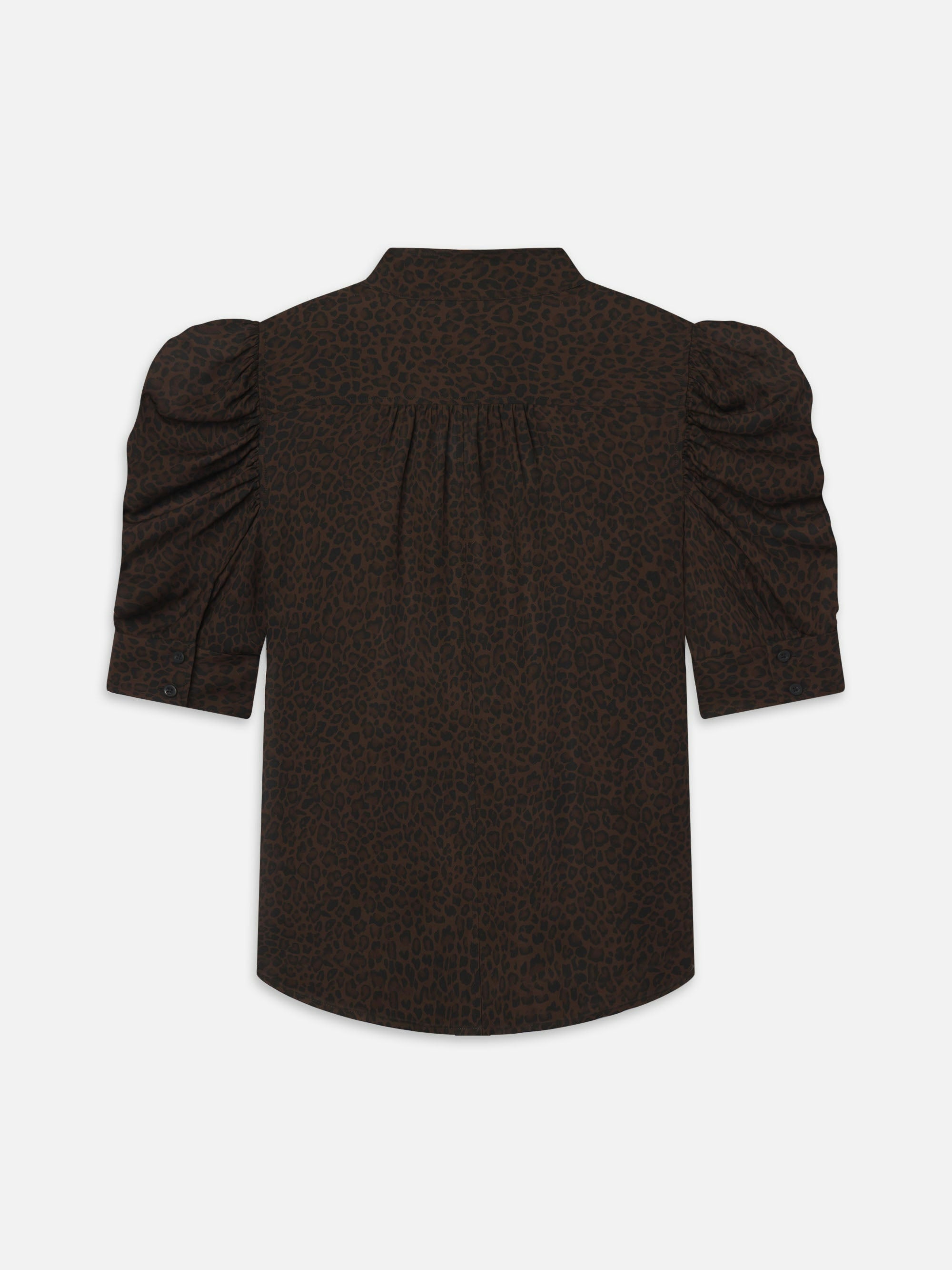 Back view of The Leopard Gillian Top by FRAME, featuring dark brown and black animal print silk, puffed sleeves, a gathered yoke, high neckline, and a slightly curved hem.