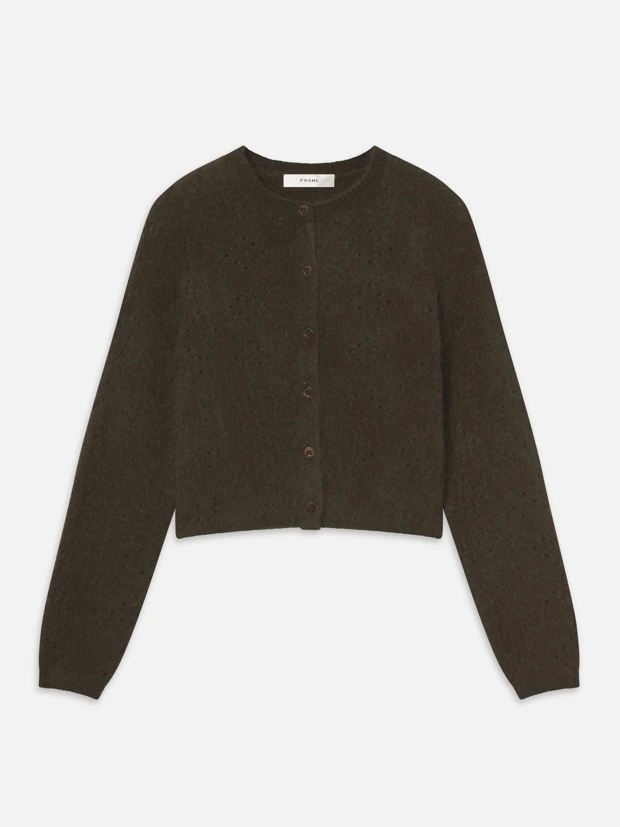 Dark green cropped cashmere cardigan with buttons and round neck, by FRAME, shown on white background.