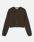 Dark green cropped cashmere cardigan with buttons and round neck, by FRAME, shown on white background.