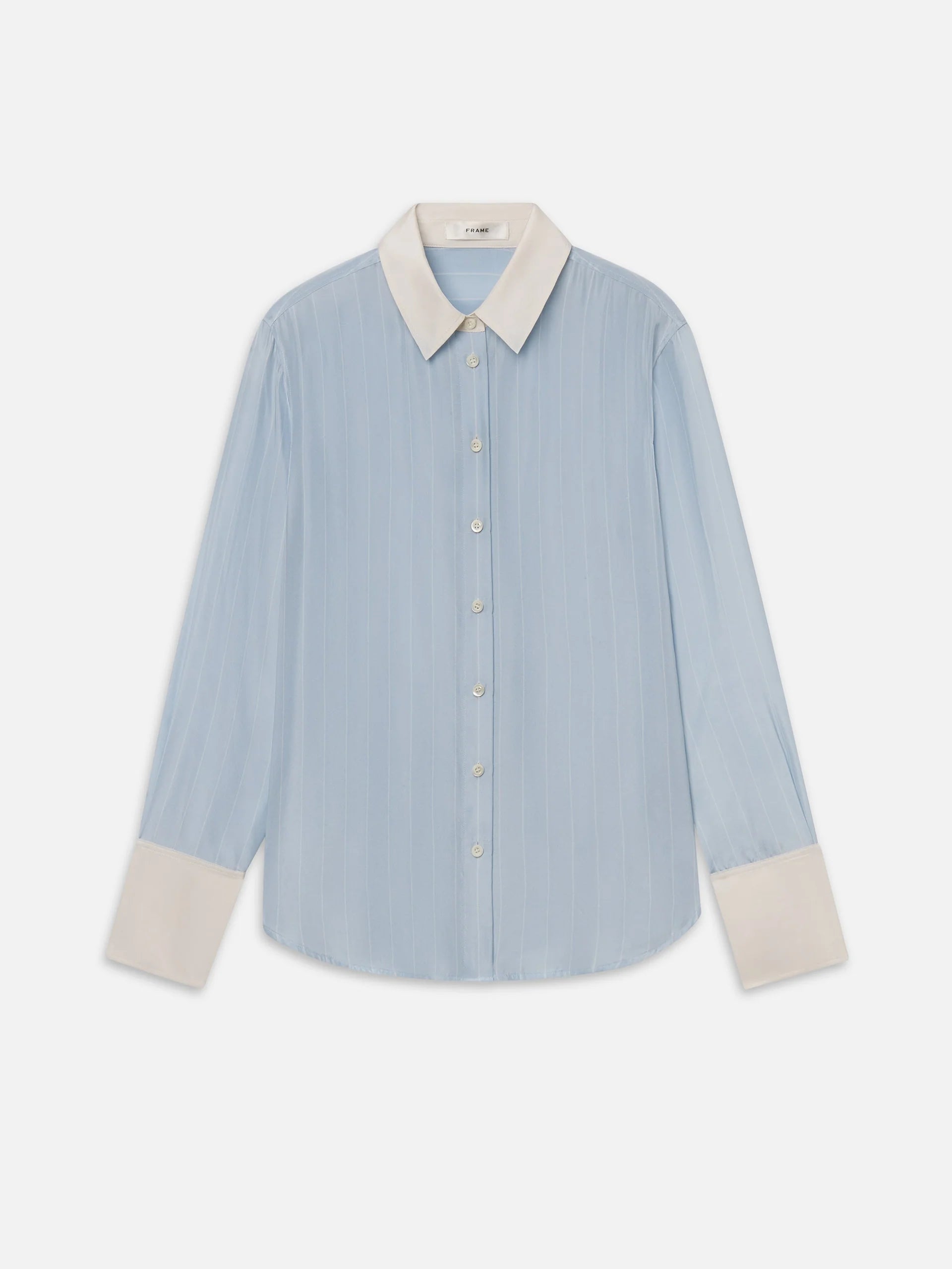 Light blue striped silk shirt with white collar and cuffs by FRAME, long sleeves, displayed flat on white background.