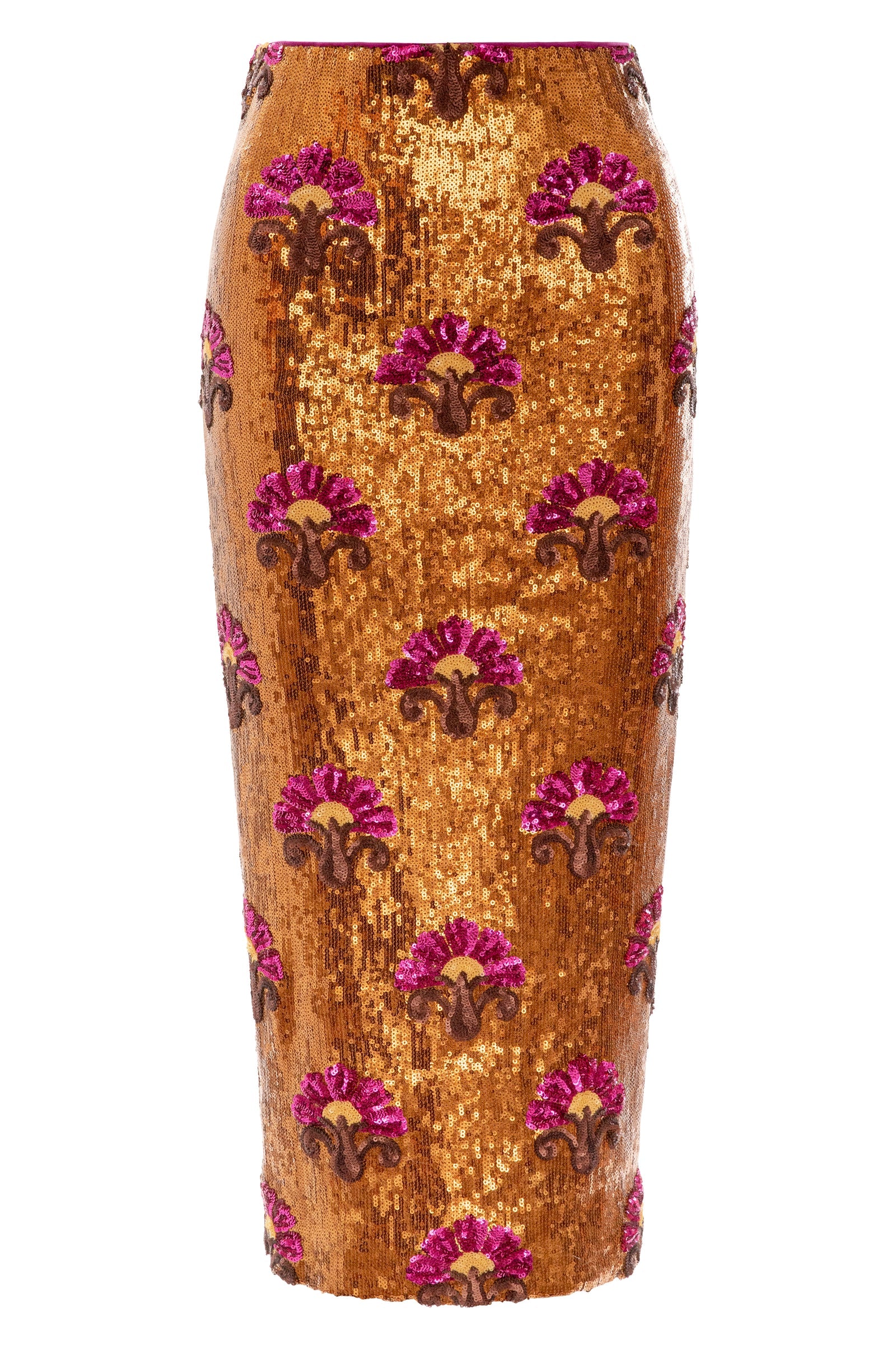 The Liza Skirt by Le Superbe is a gold sequin midi skirt with pink and brown floral embroidery, designed for a figure-flattering fit.