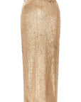 The Liza Skirt by Le Superbe is a gold, high-waisted sequin midi skirt with a fitted, figure-flattering silhouette, ankle-length hem, and a chic brown waistband.
