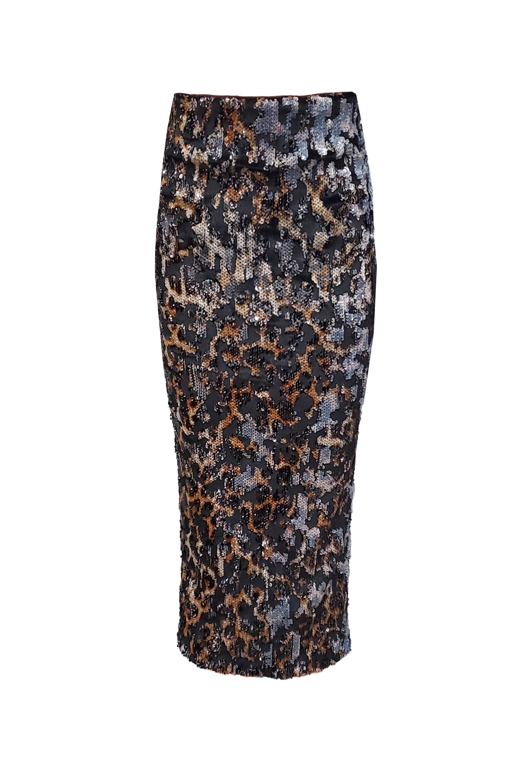 The Liza Skirt by Le Superbe is a knee-length, figure-flattering midi skirt crafted in Los Angeles, featuring bronze, black, and silver sequins in an abstract animal print on white.