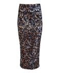 The Liza Skirt by Le Superbe is a knee-length, figure-flattering midi skirt crafted in Los Angeles, featuring bronze, black, and silver sequins in an abstract animal print on white.