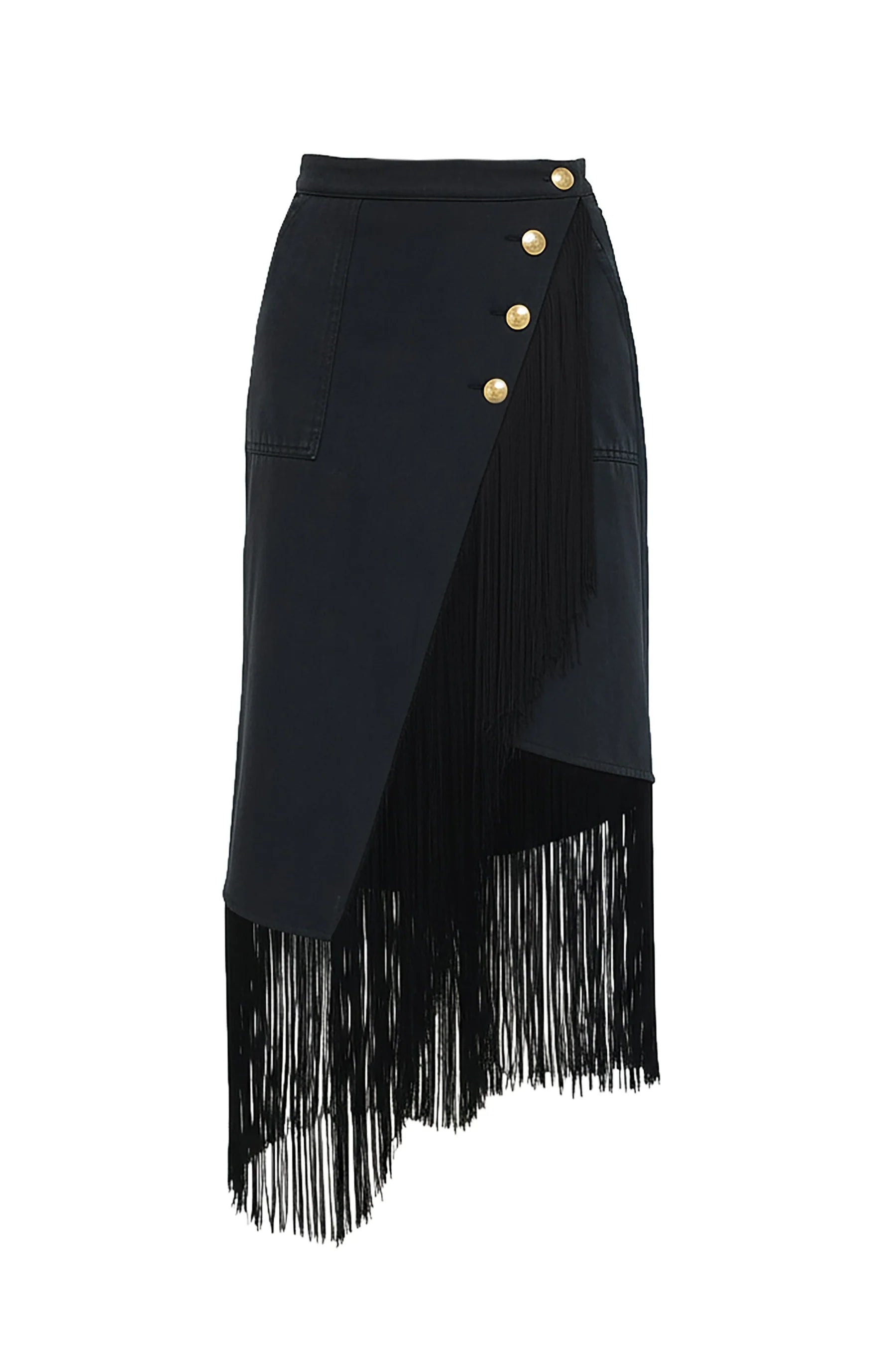 The Le Superbe Utility Fringe Skirt is a black midi skirt featuring gold buttons and long black fringe at the hem for a modern layered effect.