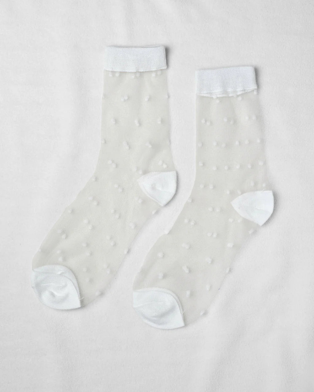 Unified Sheer Dot Socks: sheer anklets featuring a textured polka dot design with solid white toe, heel, and cuff, displayed flat on a white surface.