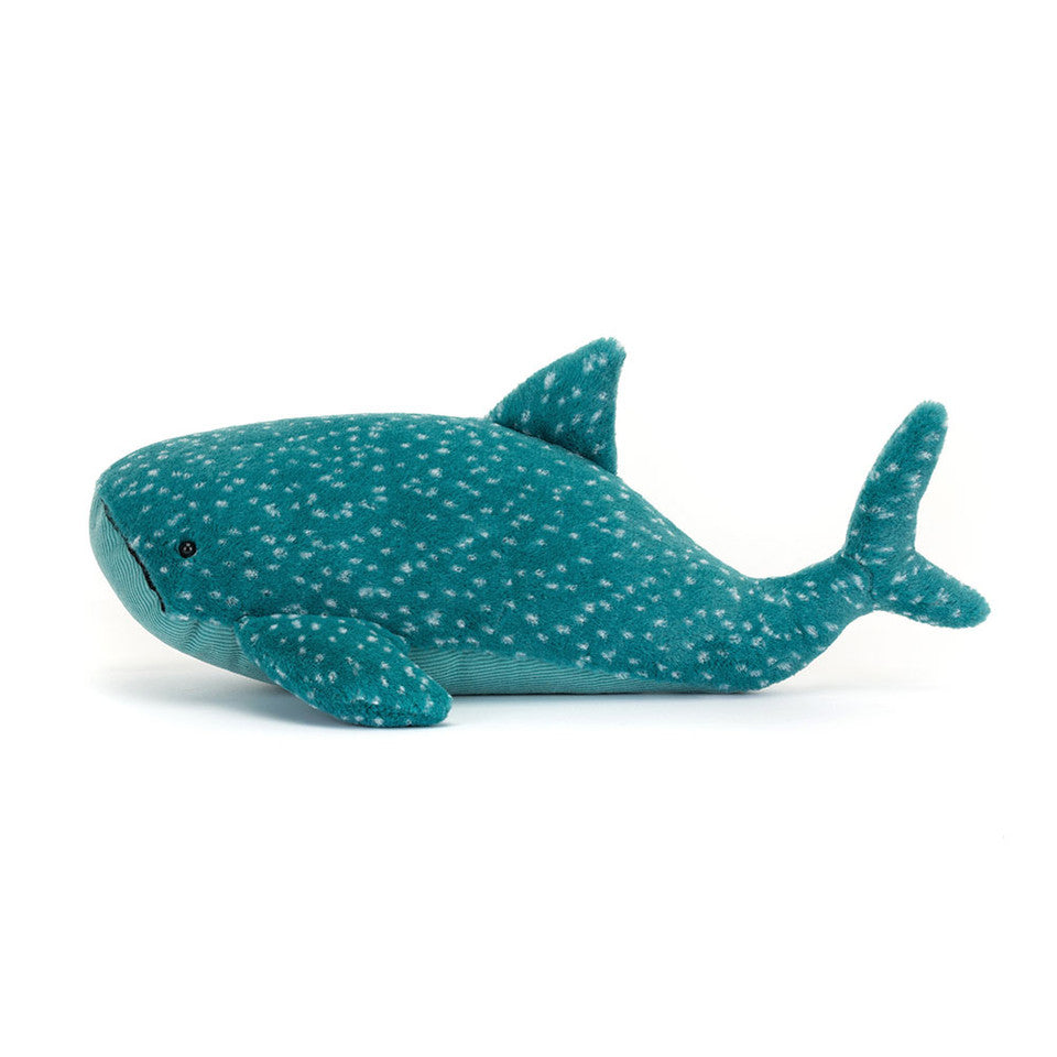 Meet the Gobfrey Whale Shark by Jelly Cat Inc.—a plush blue whale shark with white spots, black eyes, and a small smile, perfect for imaginative adventures. Pictured on a white background.