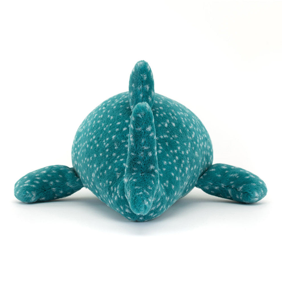 The Gobfrey Whale Shark plush toy by Jelly Cat Inc. features teal fabric with white spots and is shown from the back, highlighting its tail, fins, and dorsal fin against a plain white background.