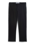The WICKLOW The Italian Chino ITALIAN PERFORMANCE TWILL by Frank & Eileen is a pair of black straight-leg chinos with belt loops, a front button closure, and shiny textured stripes along the outer legs.