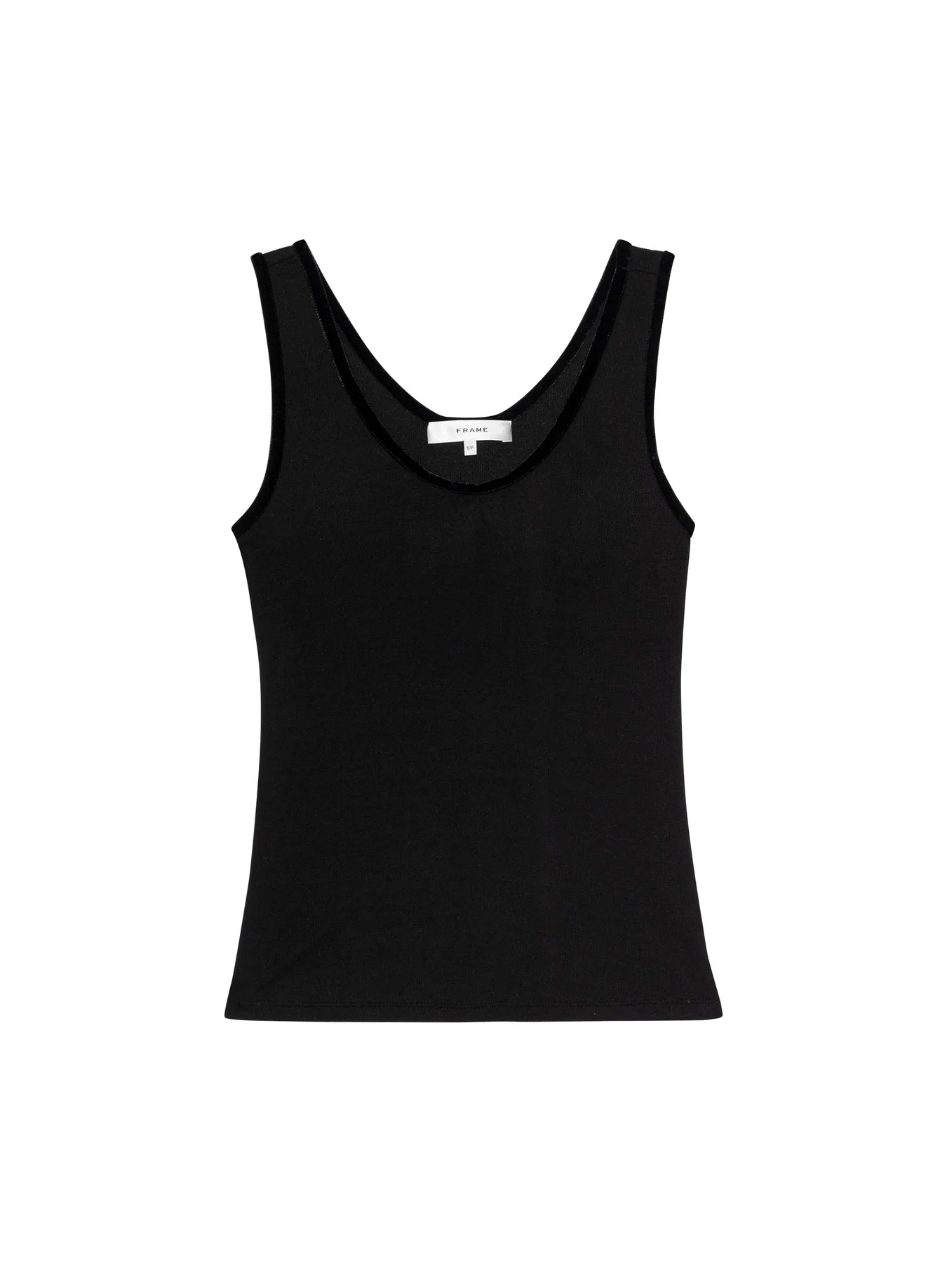 The Velvet Trim Tank by FRAME is a sleeveless black top with a scoop neckline and subtle velvet trim, shown flat on a white background—ideal for effortless layering.